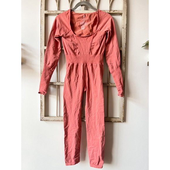 Free People Movement Good Karma Long-Sleeve Onesie Pink Autumn Leaves M/L NEW - Picture 5 of 8